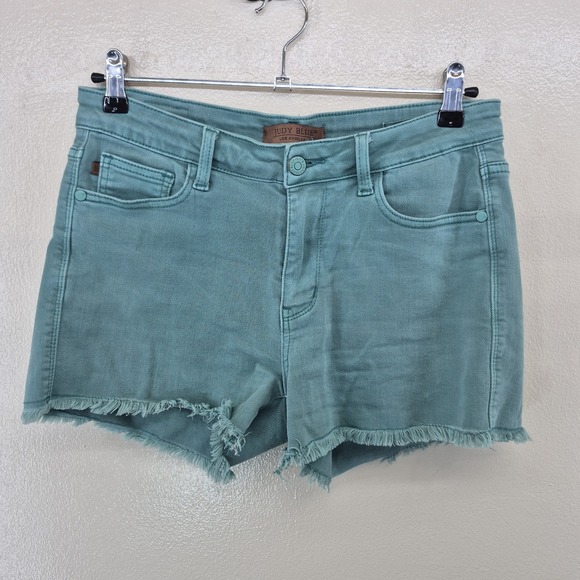Judy Blue Mid-Rise Cut-Off Shorts Women's 28 Teal Blue Stretch - Picture 1 of 11